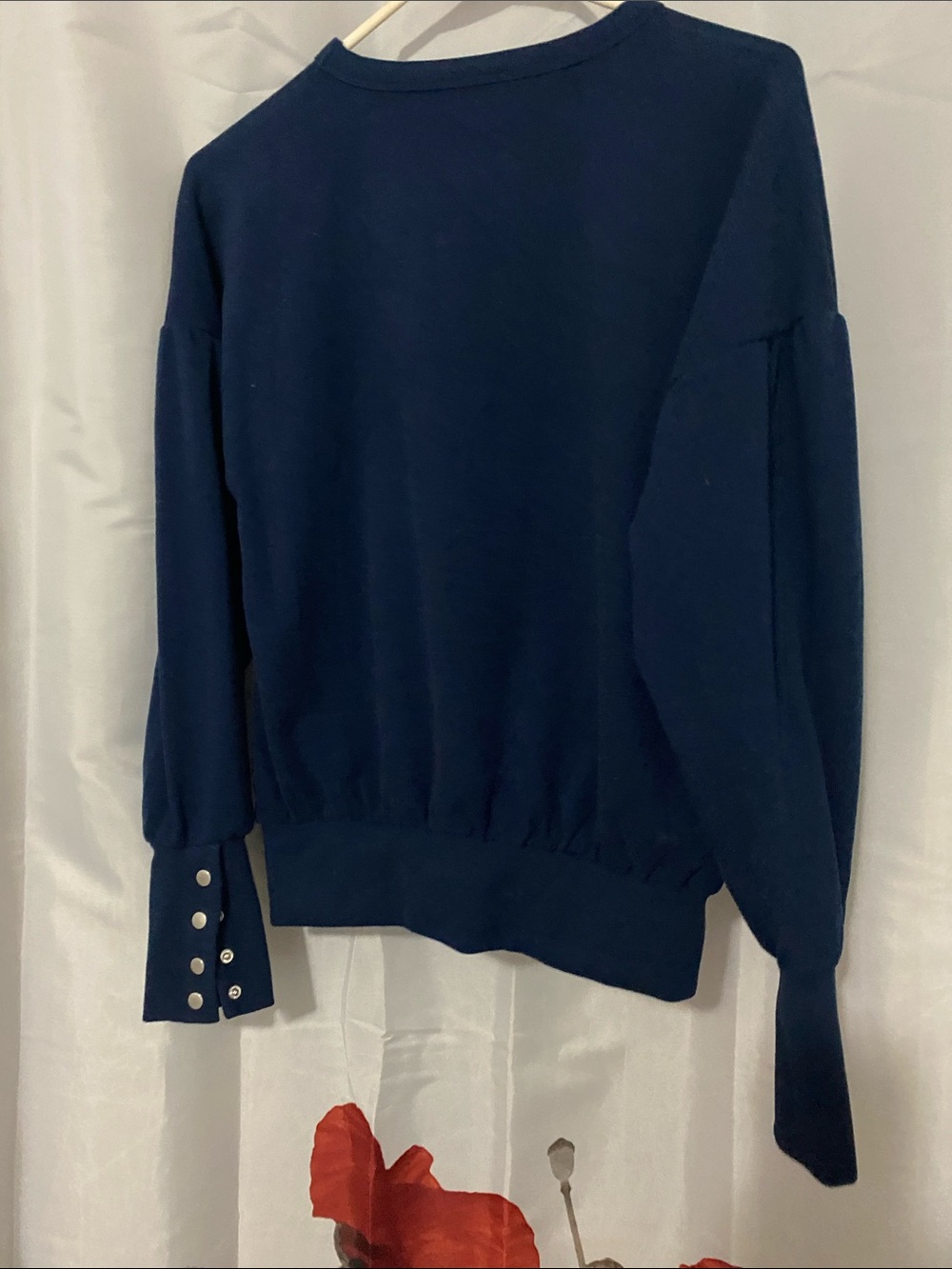 Evereve Navy Blue Puff-Sleeve Crewneck Super Soft  Sweatshirt With Button Cuff - Picture 7 of 7